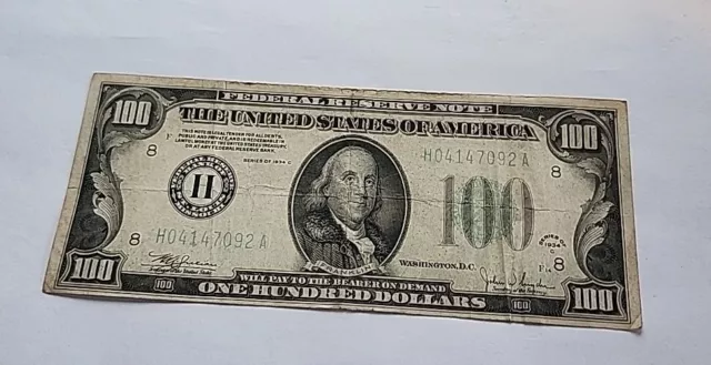 1934-A Series $100 Bill - One Hundred Dollar - Philadelphia - Vintage Currency