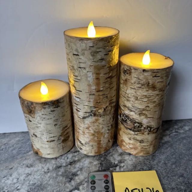 Set Of 3 Assorted Birch Flameless Candles w/Remote Lauren McBride 9.5” 7.5” 5.5”