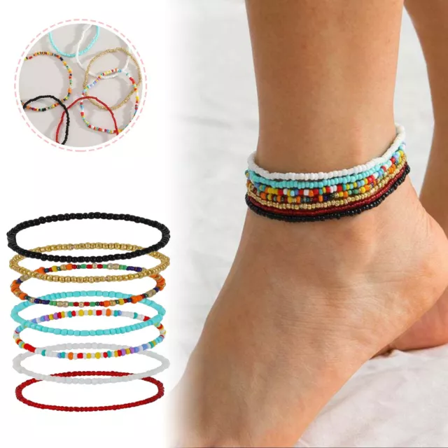7PCS Bohemian Ankle Chains Colorful Beads Handmade Beaded Ankle Chain Jewelry