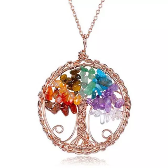 Natural 7 Chakra Healing Crystal Quartz Reiki Tree Life Stone Pendant Necklace