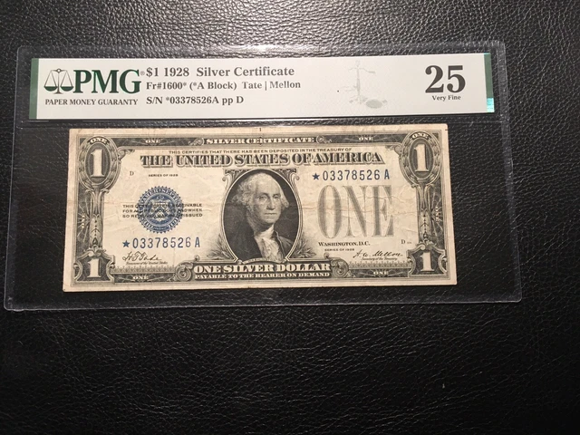 1.00 1928 silver certificate Fr1600 Star. PMG 25 vf Star!!!!!