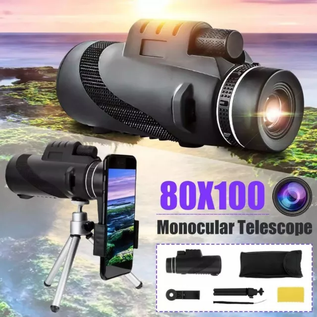 Day/Night Vision 80x100 Zoom HD Monocular Telescope BAK4 Waterproof +Tripod&Clip