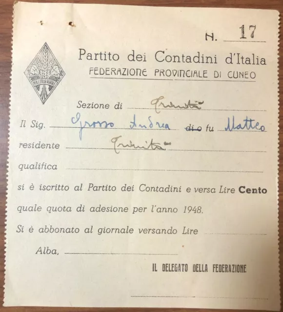 Buono Partito Dei Contadini D' Italia Federazione Provinciale Di Cuneo 1948 623