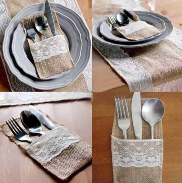 Rustic Wedding Burlap Hessian & Lace Vintage Cutlery Holders / Shower Party