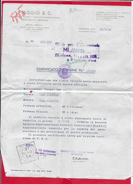VESPA PIAGGIO mod. 54 - Certificato d'Origine - Conferma Ordine Fattura Acquisto