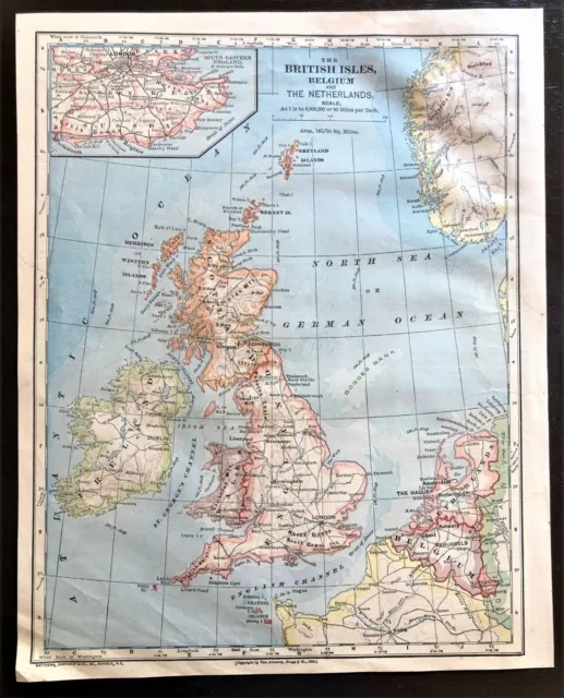 Vintage Color Map ~ BRITISH ISLES ~ ENGLAND IRELAND SCOTLAND WALES  Printed 1883