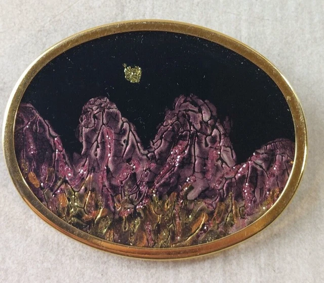 Broche Vintage Ovale Signée UHLIG Années 70 - Laiton Doré Et émail - État Vintage