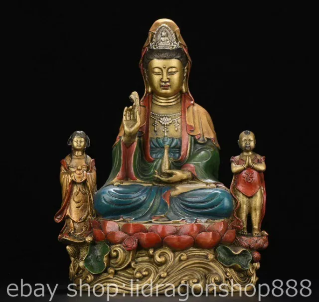 11.6" Old Chinese Copper Buddhism Kwan-yin Guan Yin Tongzi Boy Statue