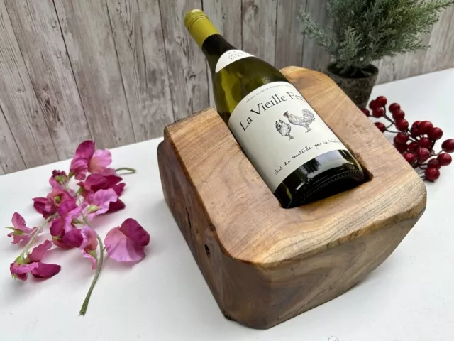 Driftwood Single Wine Bottle Holder Rustic Solid Wood Storage Rack Hand Carved