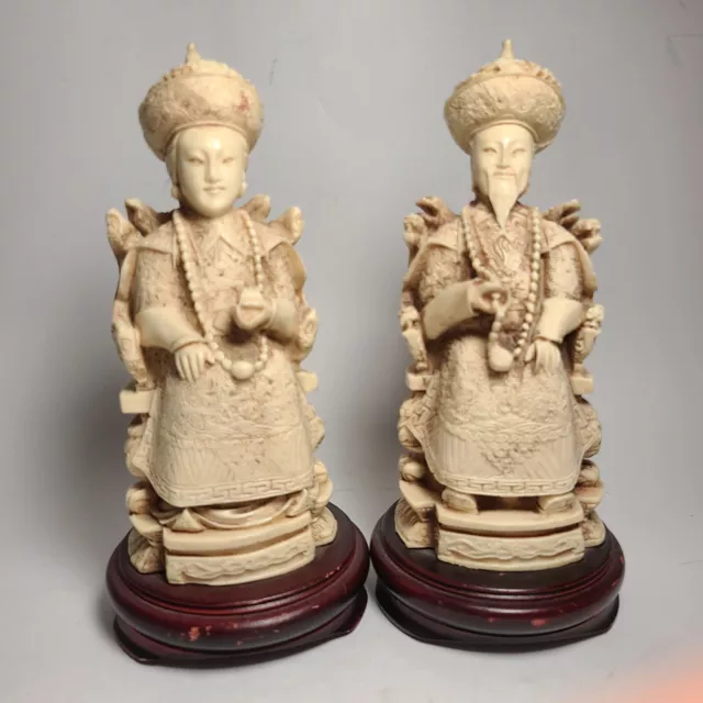 Pair (2) Chinese Hand-Carved Resin Emperor &Empress Figures 11" wooden base
