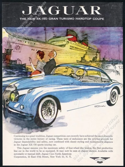 1958 Jaguar XK-150 blue car Rene Bouche art vintage print ad
