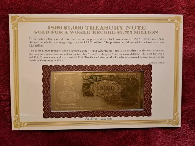 Danbury Mint 1890 $1000 "Grand Watermelon" Treasury Note in Info Card FREE SHIPP
