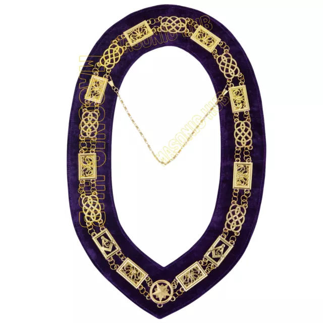 Masonic Regalia Grand Lodge Mason Metal Dress Chain Collar Purple Backing - Gold