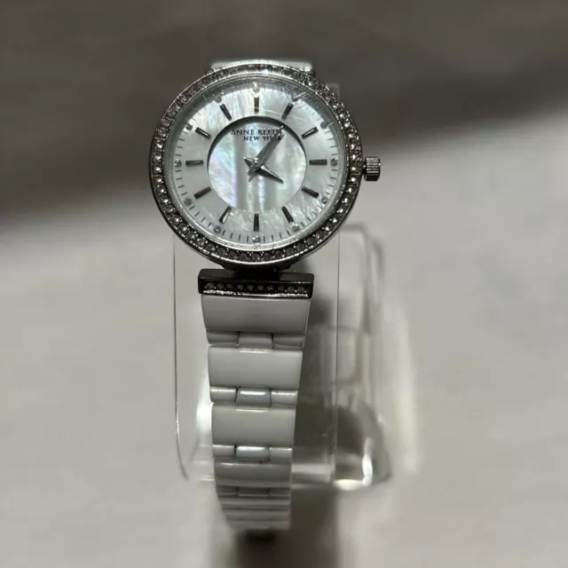 Anne Klein Watch Women's Silver Tone Mother Of Pearl Face Dial Ceramic Band