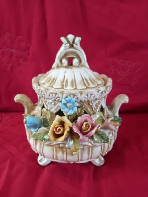 Vintage Capodimonte Porcelain Footed Flower Compote Bowl With Lid