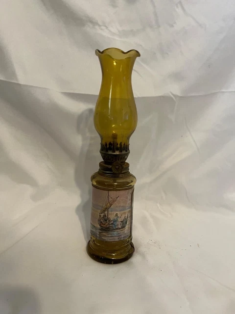 Vintage Amber Glass Mini Oil Lamp with Picture of Jesus and His Disciples 