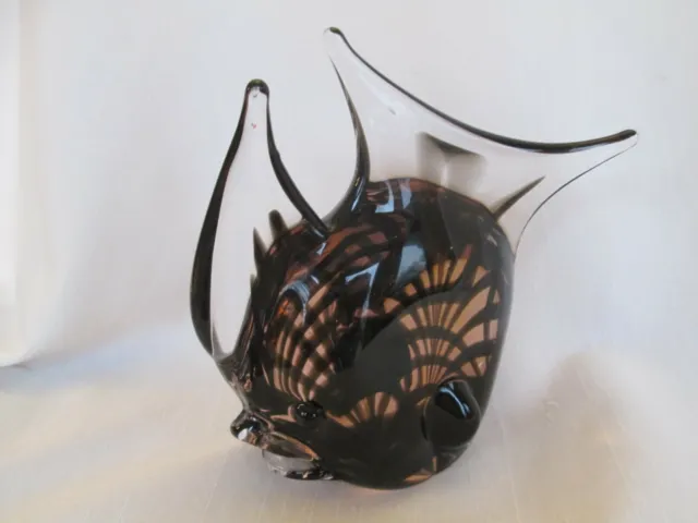 Icet Arte Murano Black Clear Tropical Fish Art Glass Paperweight Figurine 6"