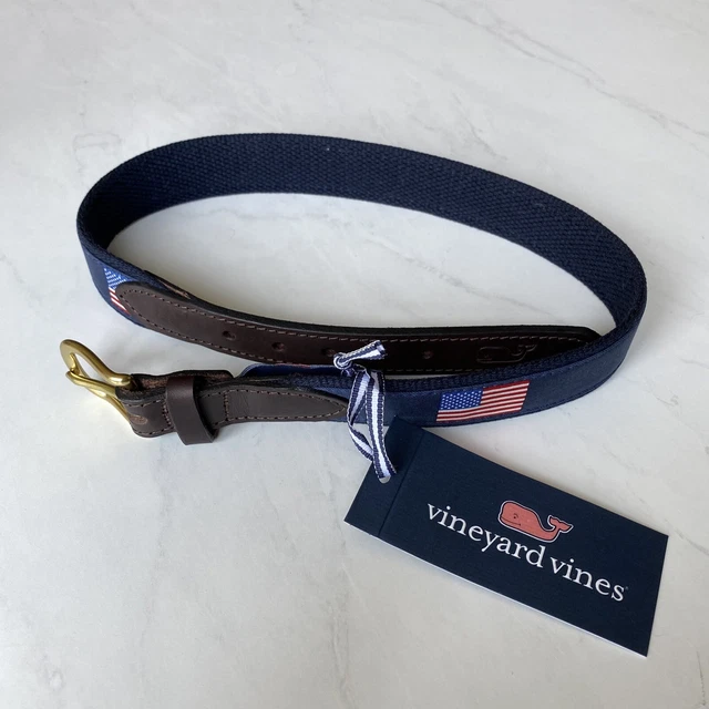 Boys Vineyard Vines Belt Size 26” American Flag Leather Adjustable NWT