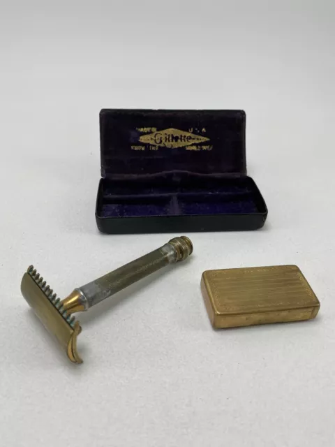 Vintage Gillette Old Type Double Edge Safety Razor Set Case 1920/30s? W/4 Blades