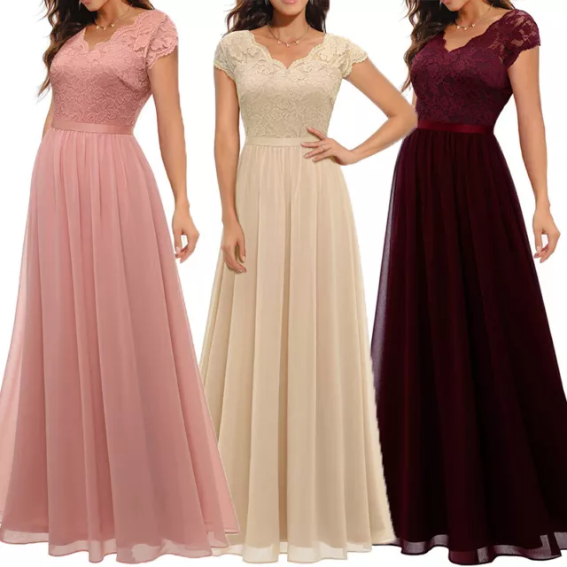 Mujeres Maxi Cuello En V Formal Vestido Dama de Honor Encaje Chiffon Largo  <