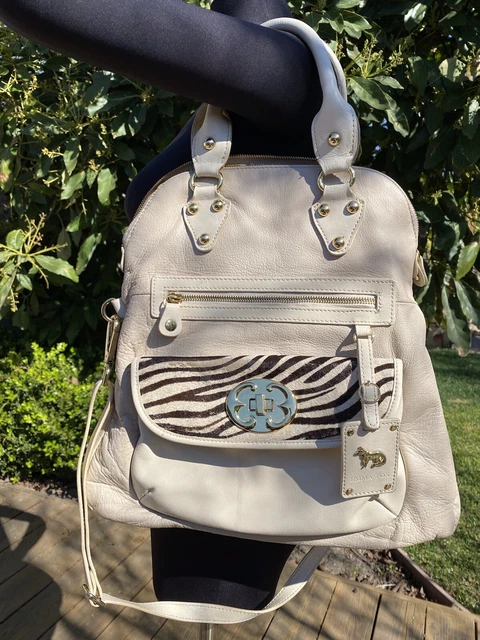 Emma Fox Cream Leather Handbag Satchel Fold Over Hair On Hide Zebra Gold X-body