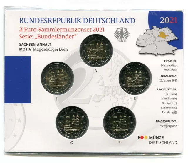 BRD 2 Euro Sammlermünzenset 2021 Sachsen-Anhalt ADFGJ ganzer Satz Stempelglanz