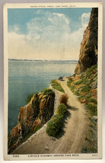 1928 Lincoln Highway Around Cave Rock, Lake Tahoe California CA Vintage Postcard