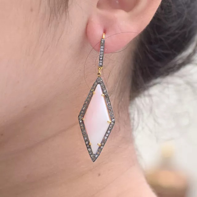 Opal Gemstone 925 Silver Dangle Earrings Diamond Pave 14K Gold Fine Gift Jewelry