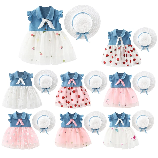 Toddler Baby Girls 2PCS Denim Tulle Floral Mesh Summer Dress with Sun Hat Set