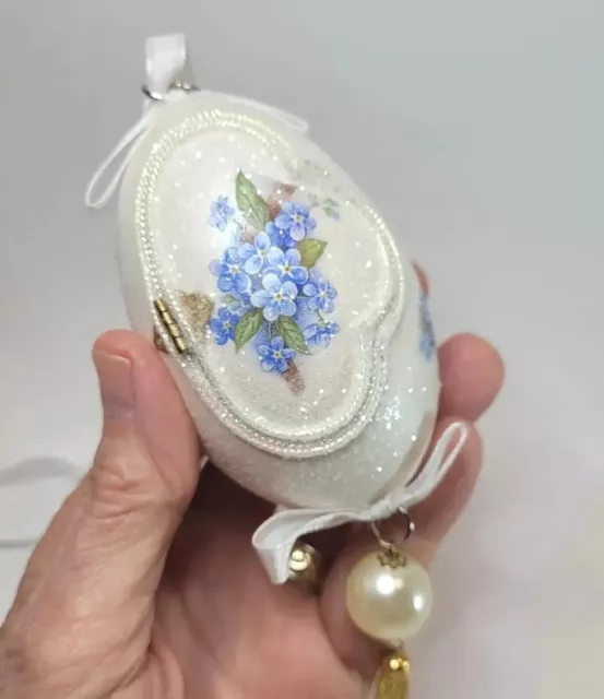 Katherine's Collection Easter Egg Ornament Blue Flowers Faux Pearls Door Opens