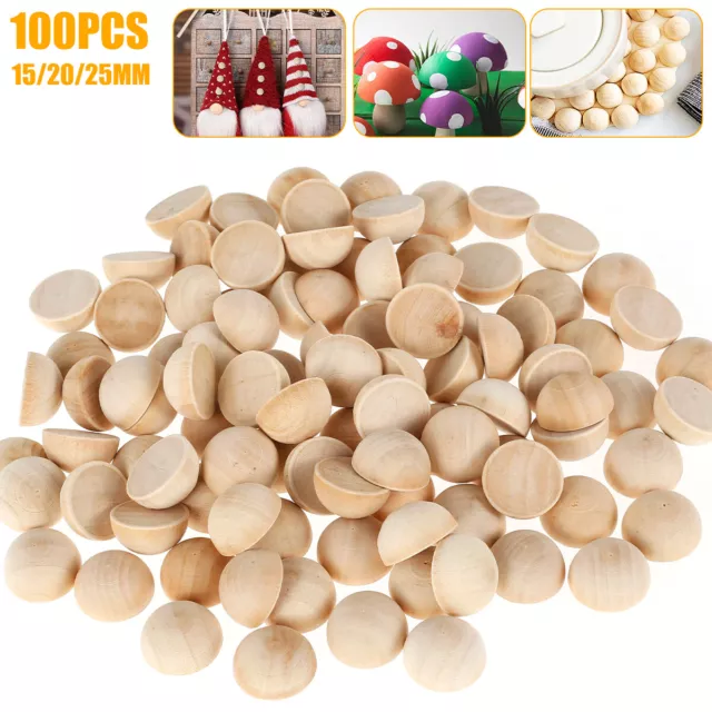 100x Half Wooden Beads DIY Craft Split Natural Balls Unfinished Dome Paint~