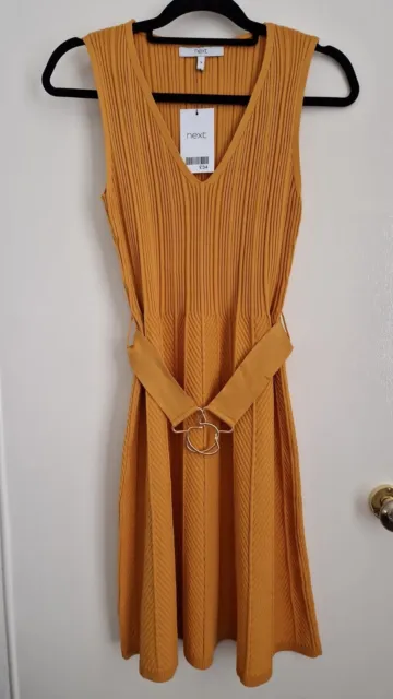 Size S (Size 8-10) Next Mustard Yellow Stretch Sleeveless Knit Belted Dress