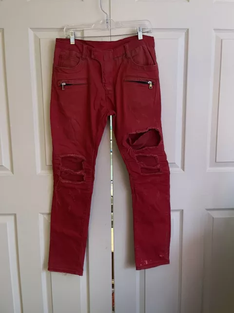 BALMAIN Paris Red Jeans Slim Distressed RARE Elastic Men’s Sz 32 X 31