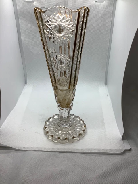 Antique Crystal American Brilliant Cut Glass Gilded Trumpet Vase 8”
