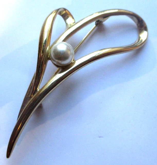 Broche Vintage Dorée Avec Perles Et Pampilles - Grand Modèle Orné De Chaînettes - État Impeccable