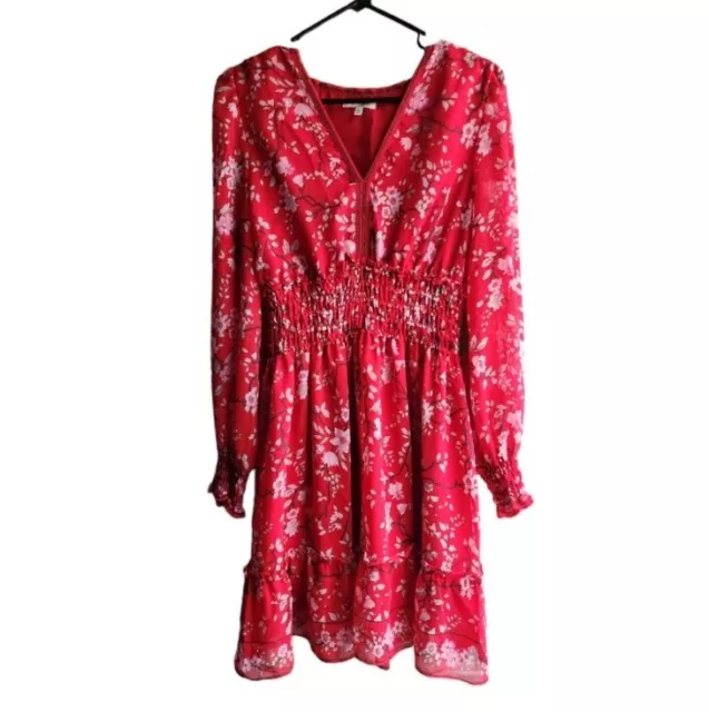 Max Studio Womens Large Red Floral Smocked Ruffle Dress