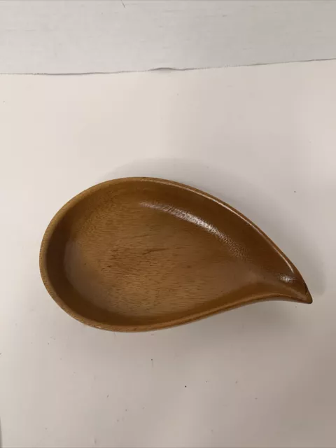 Vintage Monkey Pod Hardwood Hawaii Hand Carved Bowl Tear Drop Shape Signed Aloha