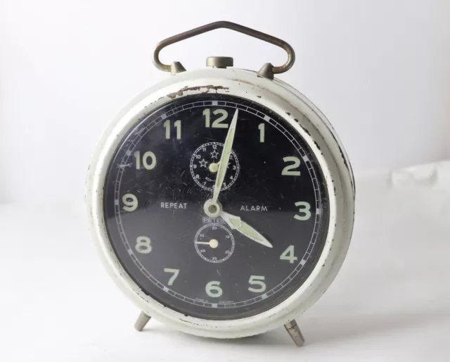 Vintage Peter Repeat Alarm Clock White Large Black Dial German Wind Up Alarm 3