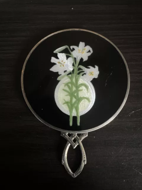 Vintage Enamel And Sterling Silver Pocket Mirror W/ Inlays Of White Lilies F&B