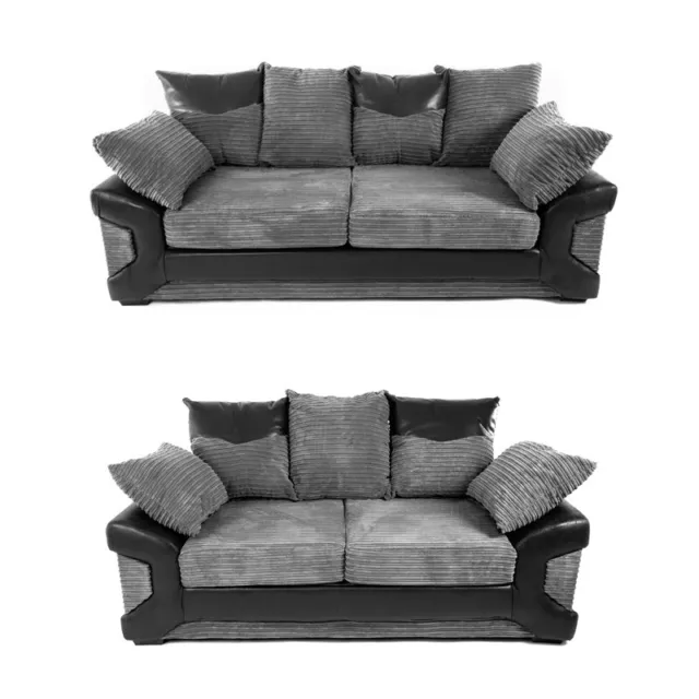 Dino Jumbo Cord with Leather 3+2 Seater Fabric Sofa in Grey with Black