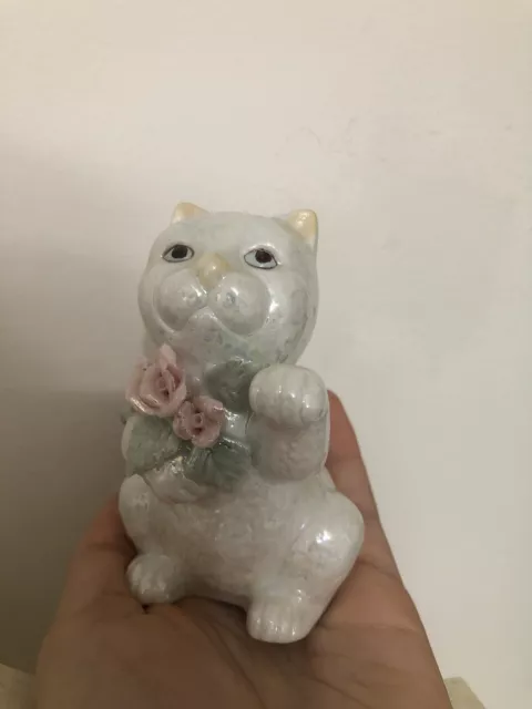 Vintage Iridescent Opalescent Kitty Cat Figurine 3D Pink Roses Flowers