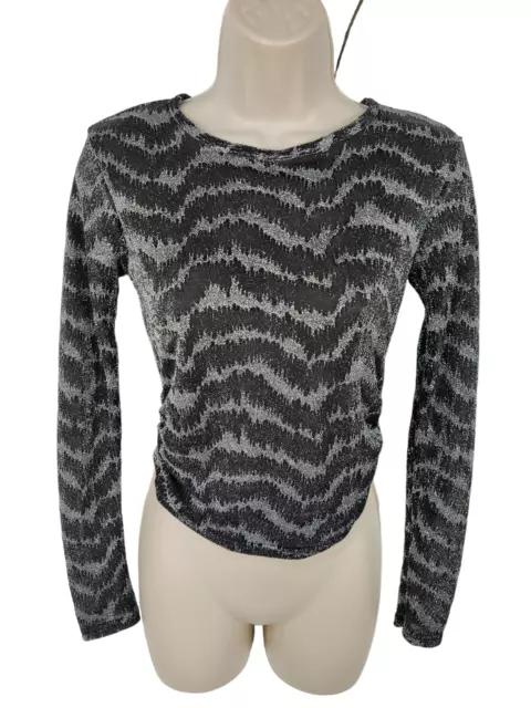 Bnwt Womens Topshop Petite Uk 6 Silver Metallic Long Sleeve Mesh Crop Party Top