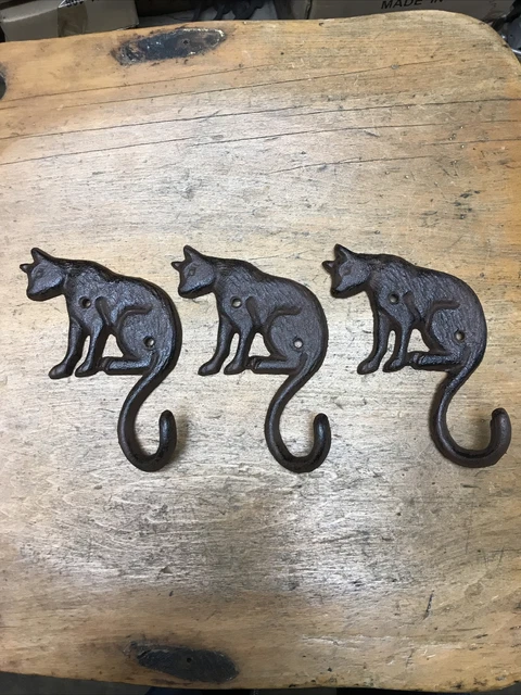3 Cast Iron Antique Style Rustic Cat Kitten￼ Coat Hooks Hat Hook Rack Towel