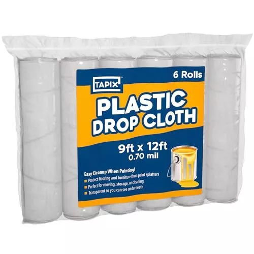 Painters Plastic Drop Cloth 6 Pack, 9x12 Feet, Plastic Tarp Dust Cover, Plast...