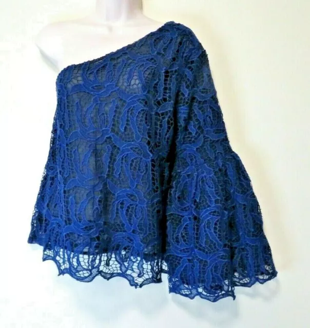 Chelsea28 Blue Lace One Shoulder Bell Sleeve Sheer Blouse Top Women's Small  *B2