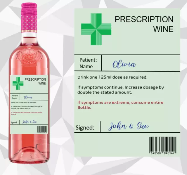 Personalised Prescription Wine Bottle Label Birthday Get Well Christmas /K