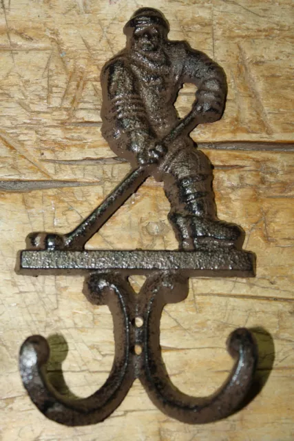 3 Cast Iron Antique Style HOCKEY PLAYER Coat Hooks Hat Hook Rack Towel STICK