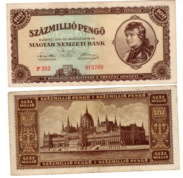 HONGRIE HUNGARY Billet 100 MILLION PENGO 1946 P124 WWII  BON ETAT