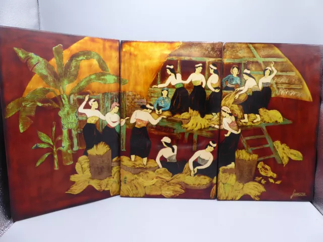 Chinesische Lackmalerei auf Holz bestehend aus drei Einzelbildern
