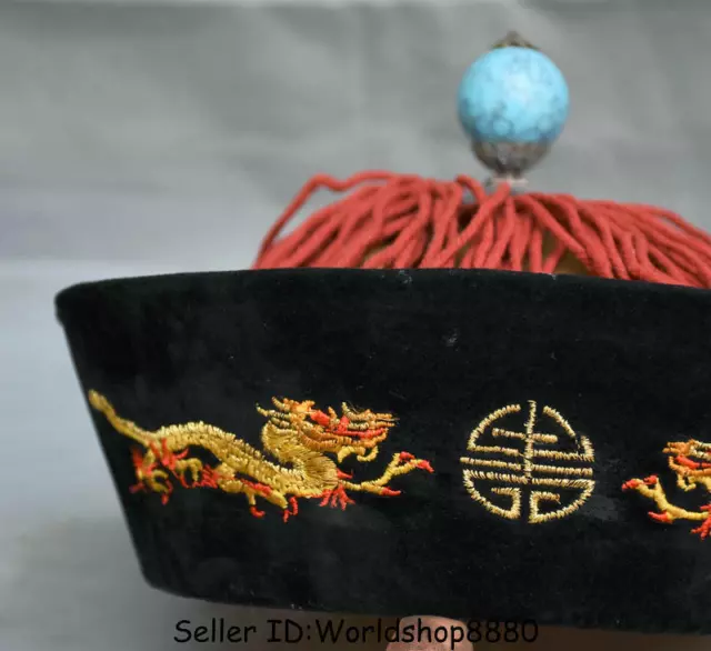 9.6" Old Chinese Qing Dynasty Silk Cloth official 's hat Cap Official headgear 2